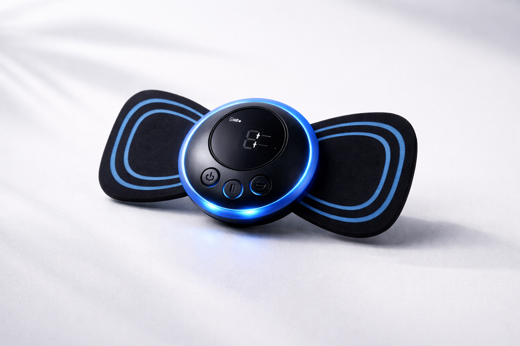 Black and blue electronic device on a white background