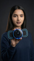 Woman holding a blue and black device against a dark background
