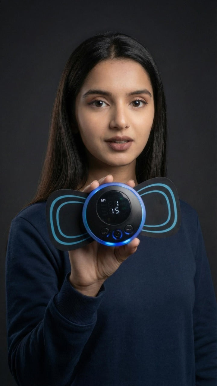 Woman holding a blue and black device against a dark background